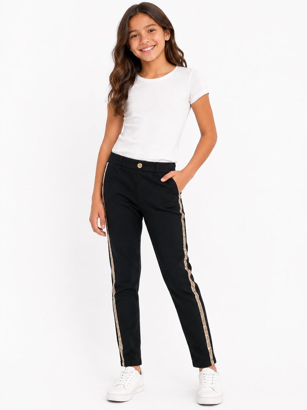 Roebuck & Co Girls Corduroy Pants Black Gold Sequin Stripe Size 10.5-12.5 NWOT